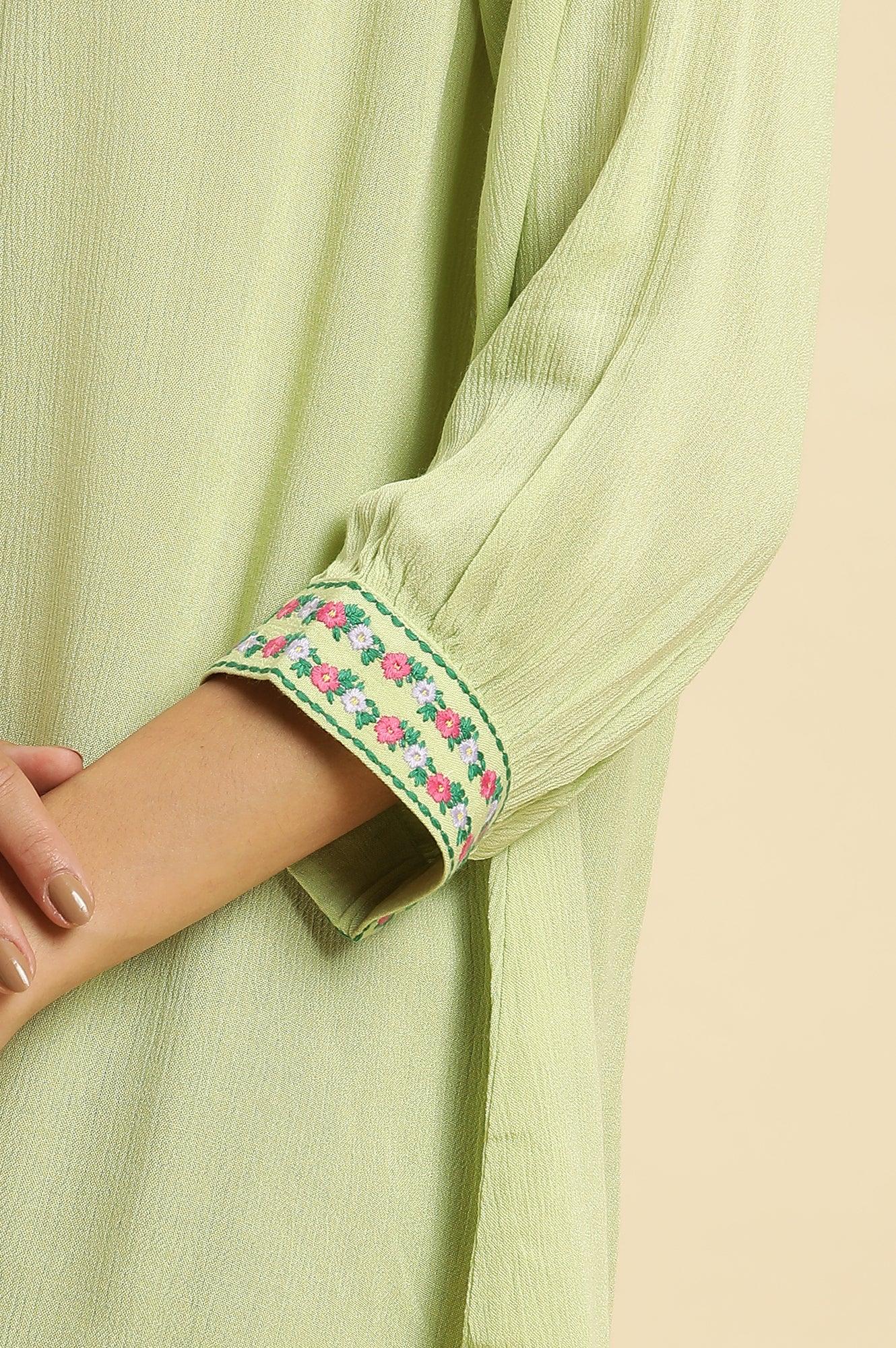 W for Woman Sage Green Embroidered Yoke Rayon Crepe Straight Top | Grocsy