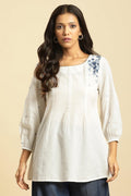 W for Woman White Front Pleated Cotton Top with Embroidery | Grocsy