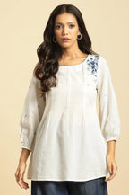 W for Woman White Front Pleated Cotton Top with Embroidery | Grocsy