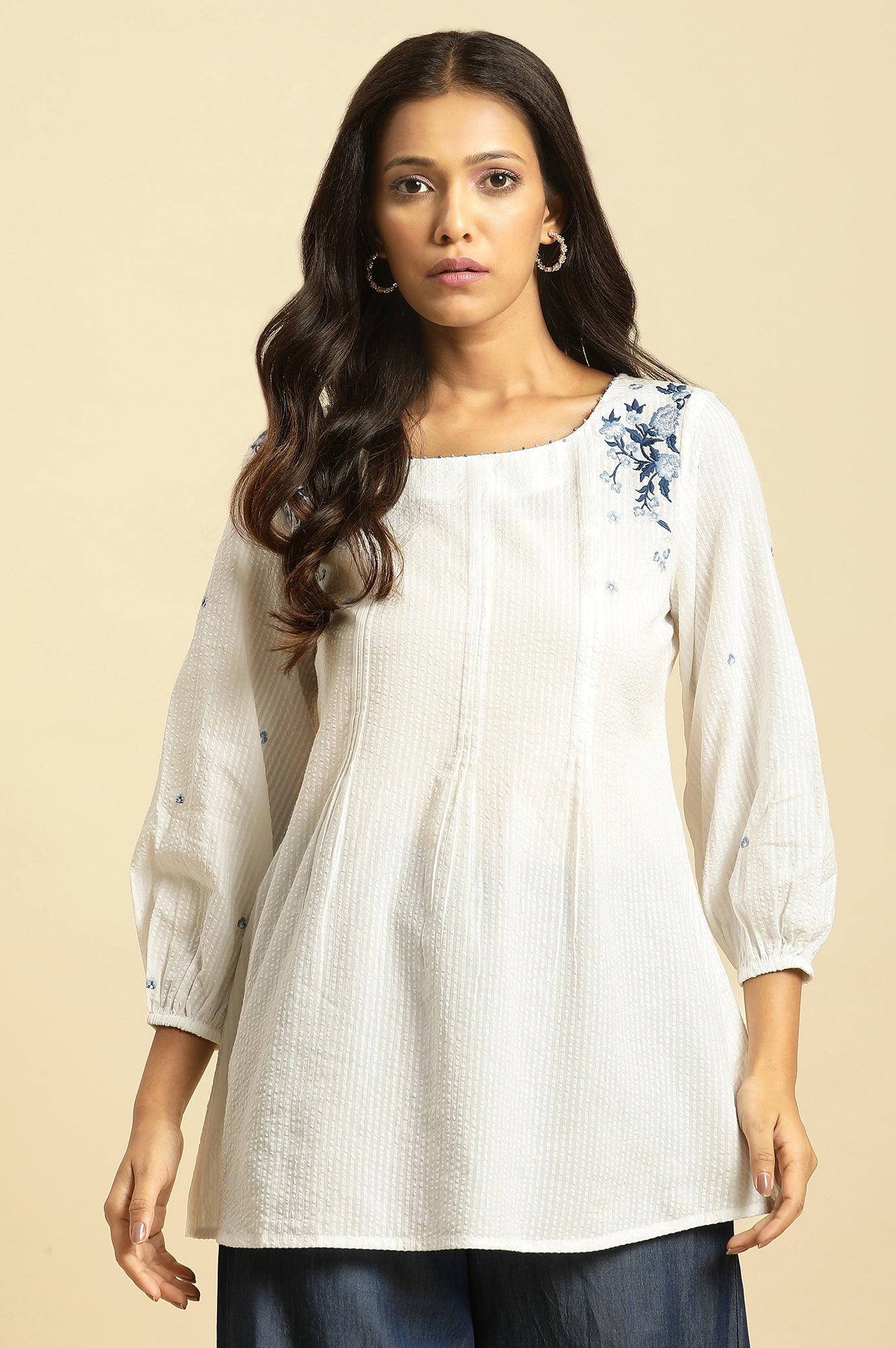 W for Woman White Front Pleated Cotton Top with Embroidery | Grocsy