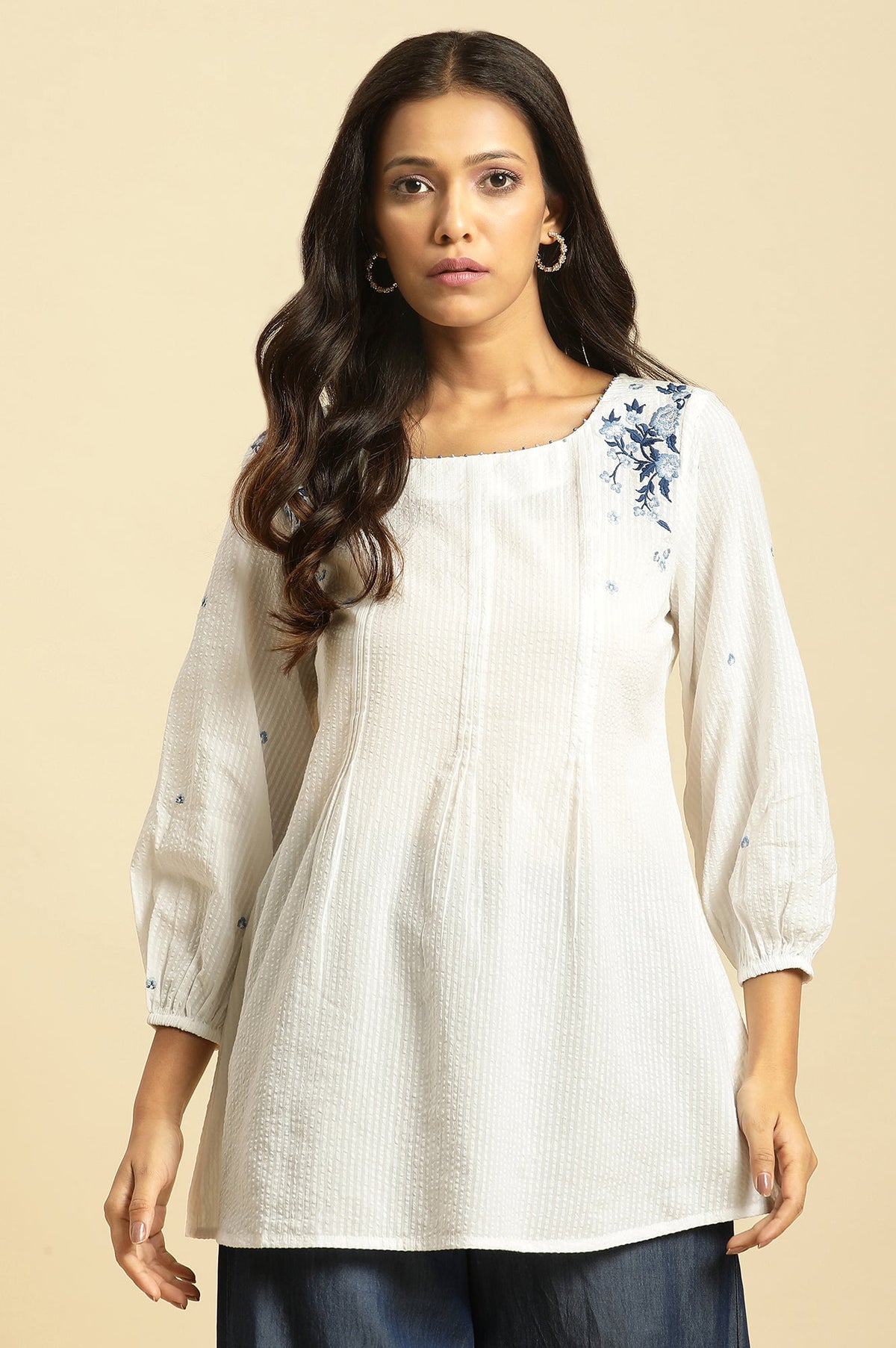 W for Woman White Front Pleated Top With Embroidery | Grocsy