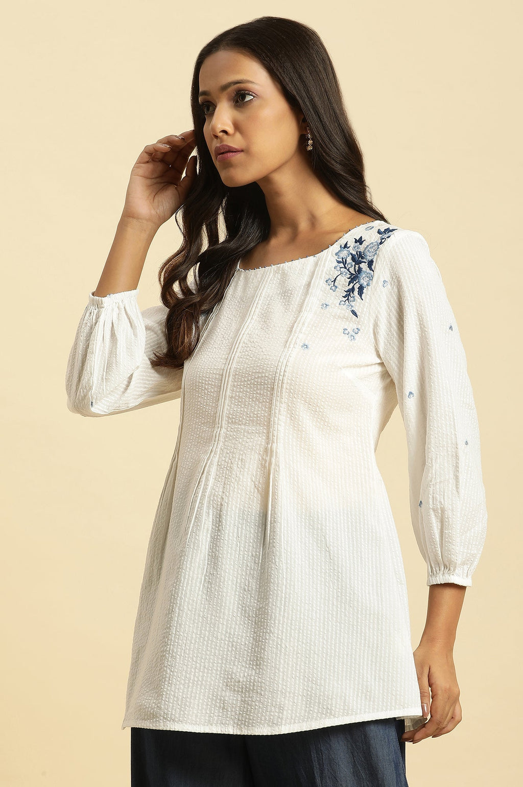 W for Woman White Front Pleated Top With Embroidery | Grocsy