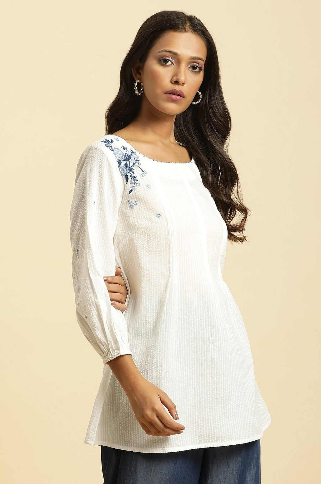 W for Woman White Front Pleated Top With Embroidery | Grocsy