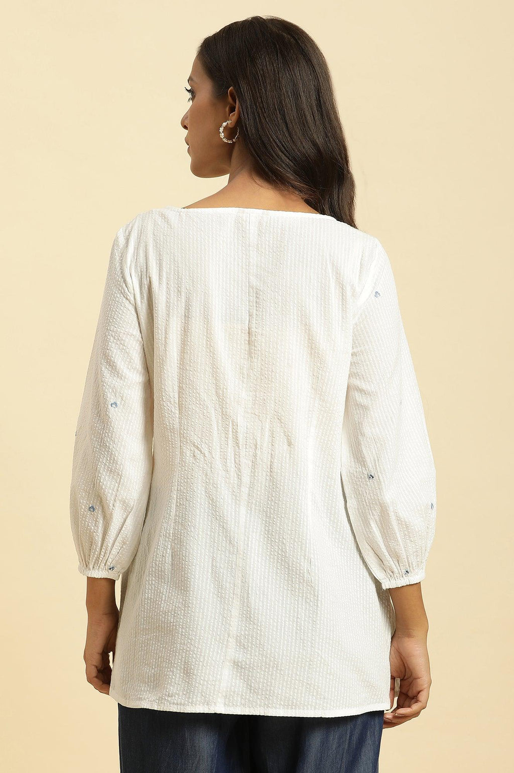 W for Woman White Front Pleated Cotton Top with Embroidery | Grocsy