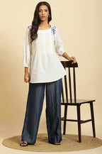 W for Woman White Front Pleated Cotton Top with Embroidery | Grocsy