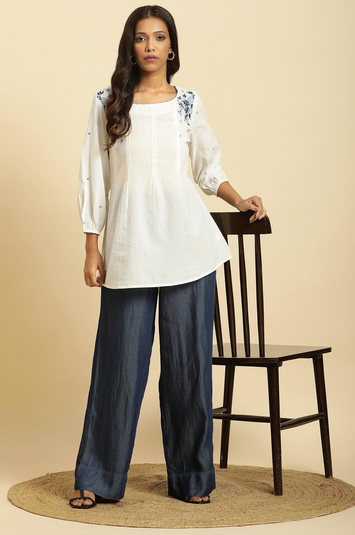 W for Woman White Front Pleated Cotton Top with Embroidery | Grocsy