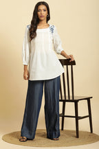 W for Woman White Front Pleated Top With Embroidery | Grocsy