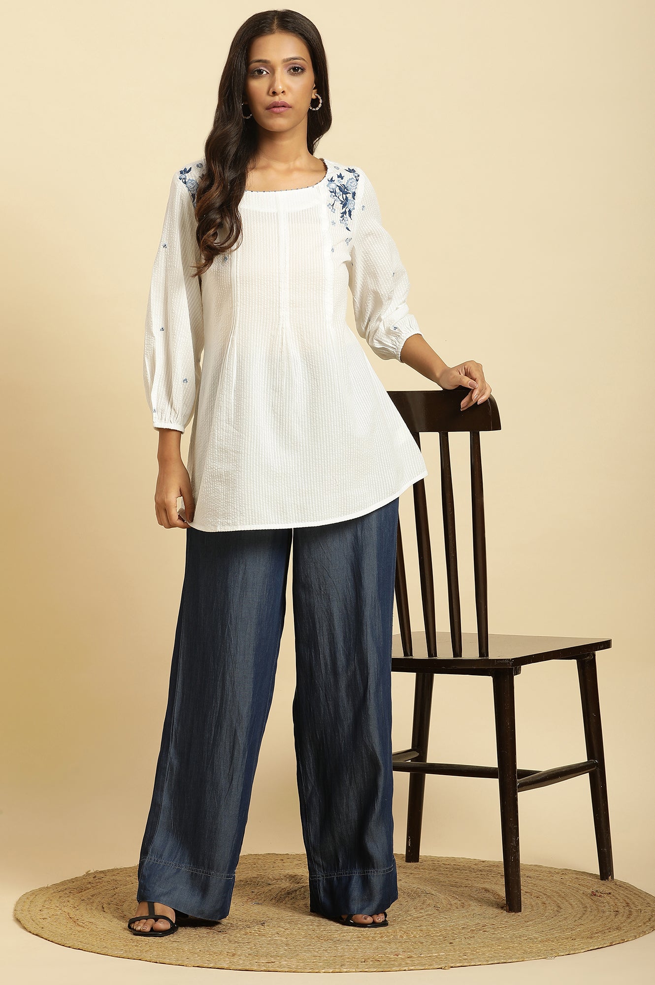 W for Woman White Front Pleated Top With Embroidery | Grocsy