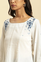 W for Woman White Front Pleated Top With Embroidery | Grocsy