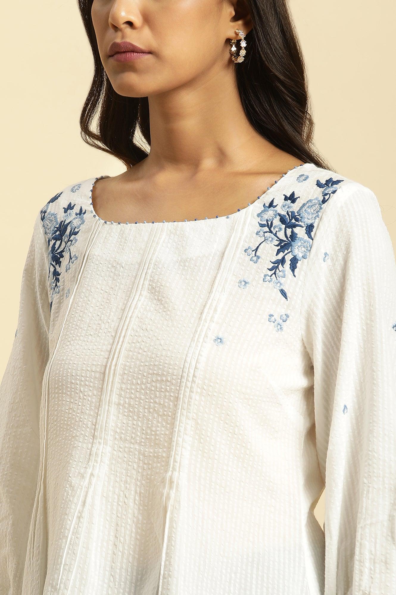 W for Woman White Front Pleated Cotton Top with Embroidery | Grocsy