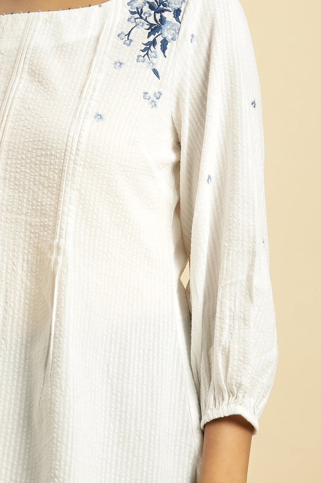 W for Woman White Front Pleated Top With Embroidery | Grocsy