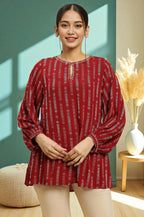 W for Woman Maroon Gathered Top With Embroidery | Grocsy