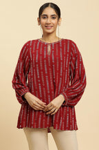W for Woman Maroon Gathered Top With Embroidery | Grocsy