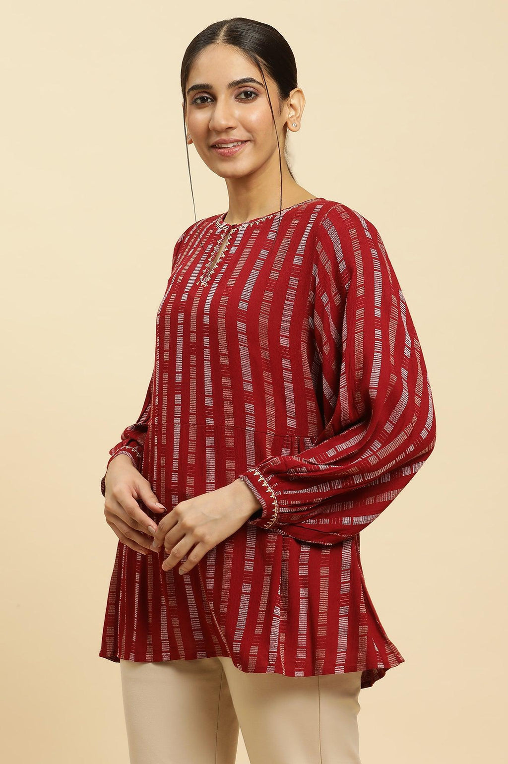 W for Woman Maroon Gathered Top With Embroidery | Grocsy