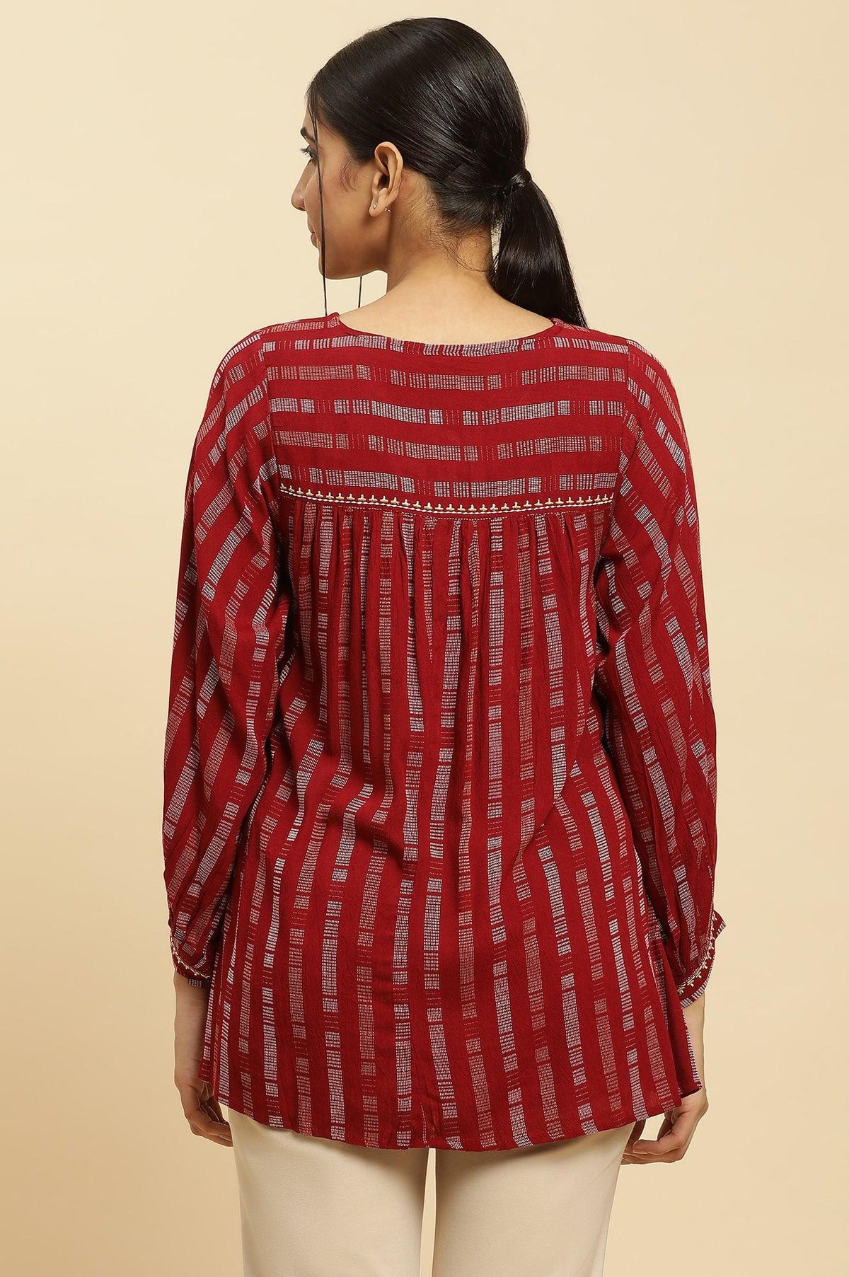 W for Woman Maroon Gathered Top With Embroidery | Grocsy