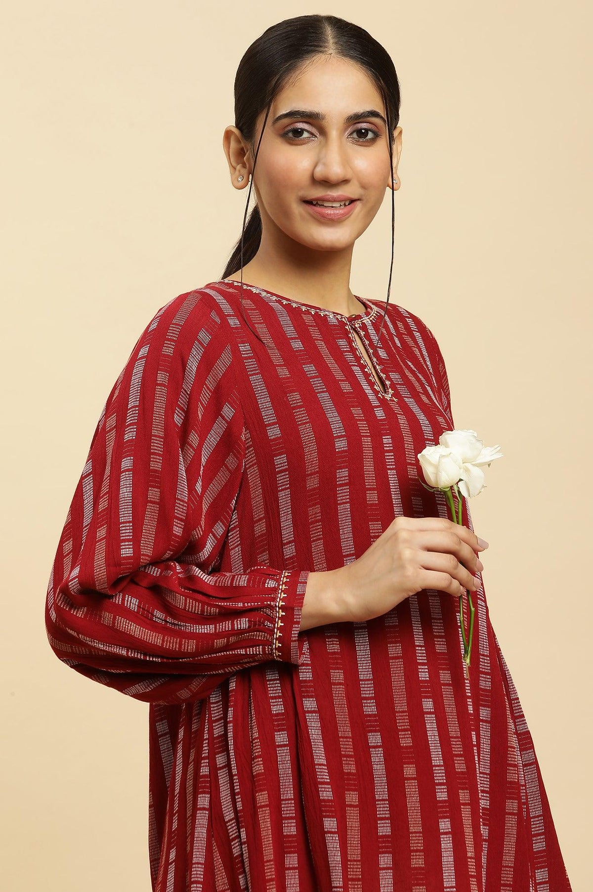 W for Woman Maroon Gathered Top With Embroidery | Grocsy