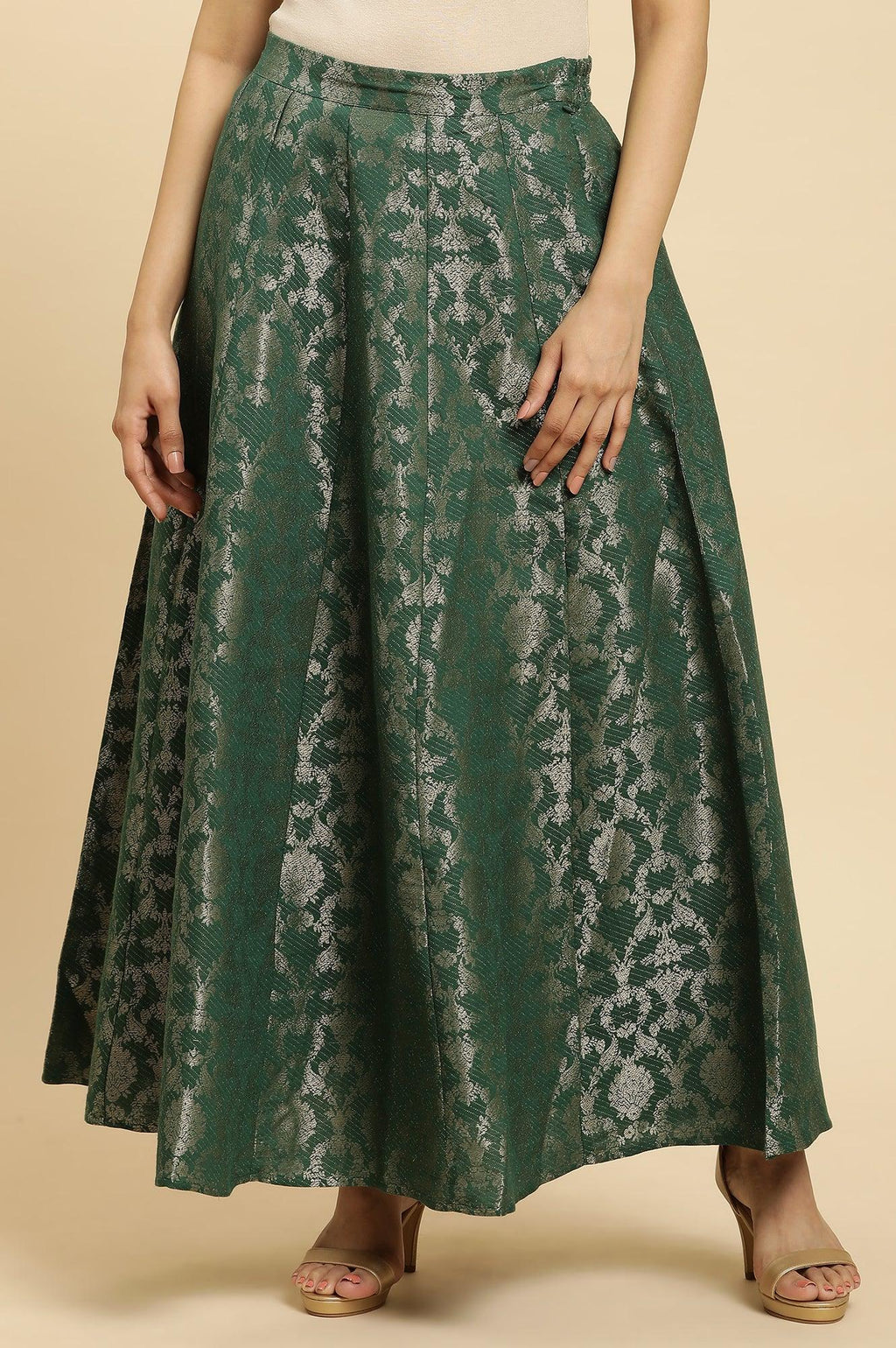 W for Woman Dark Green Jacquard Flared Skirt | Grocsy