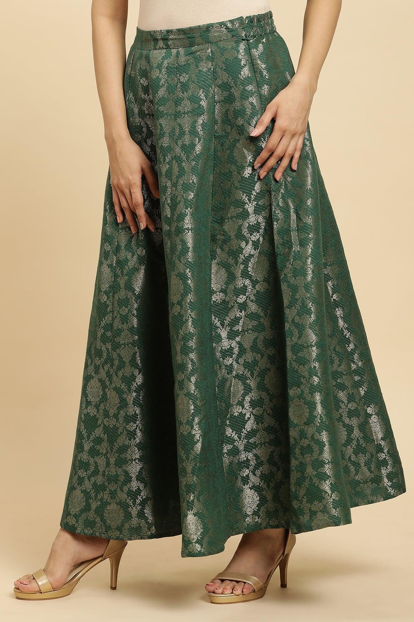 W for Woman Dark Green Jacquard Flared Skirt | Grocsy