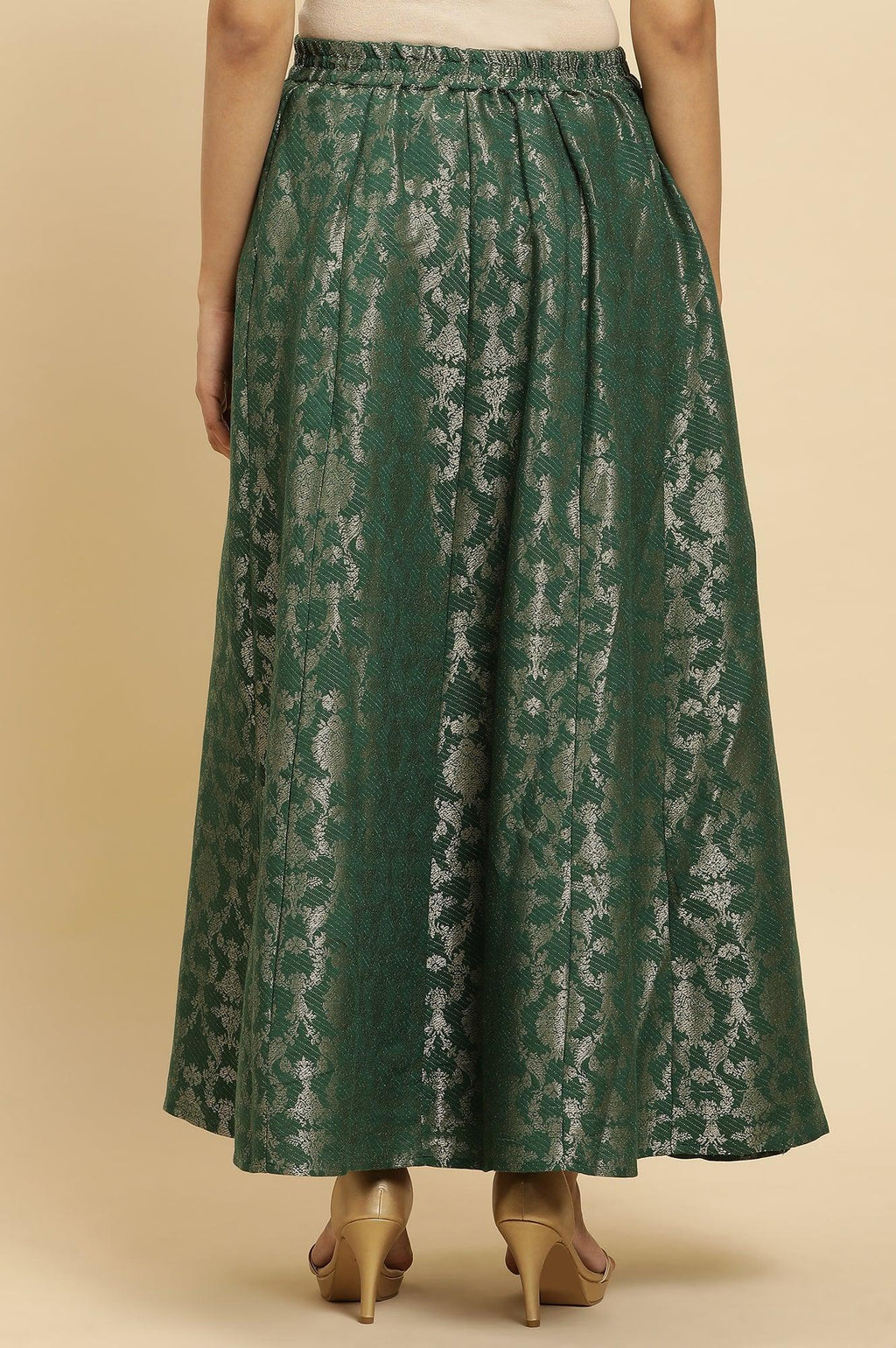 W for Woman Dark Green Jacquard Flared Skirt | Grocsy