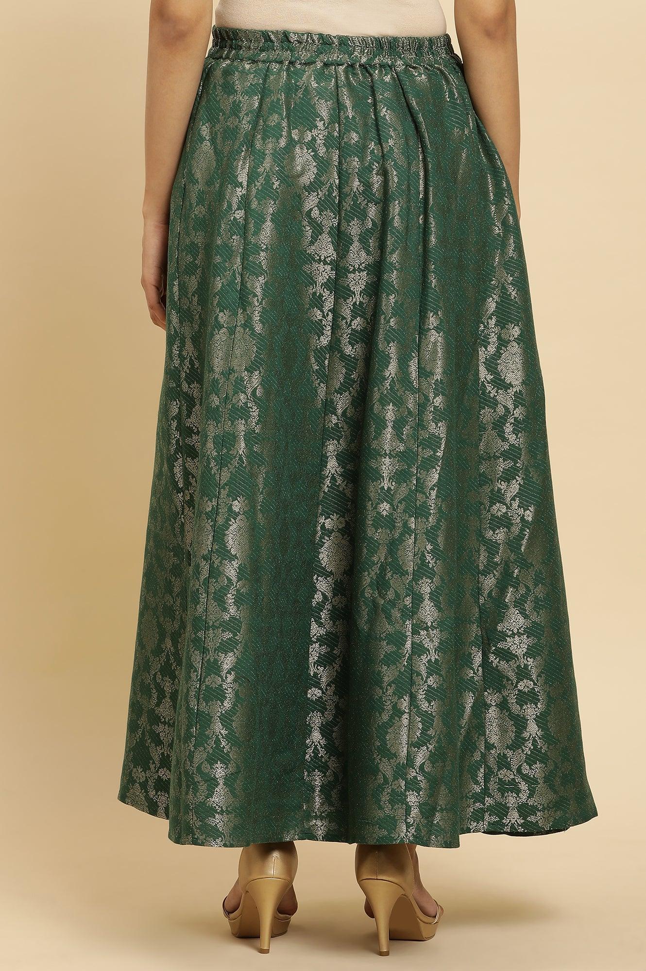 W for Woman Dark Green Jacquard Flared Skirt | Grocsy
