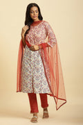 W for Woman Rust Red Net Dupatta With Glitter Tape Border | Grocsy
