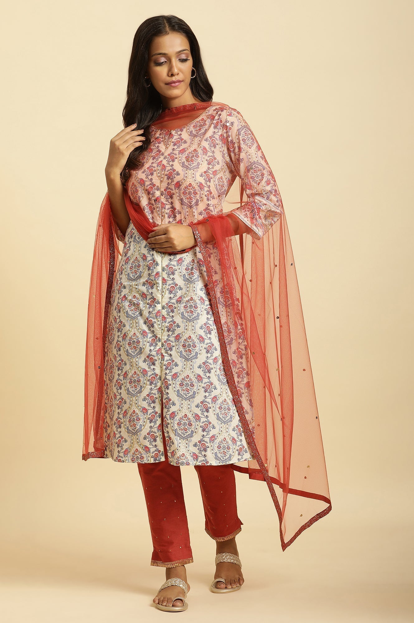 W for Woman Rust Red Net Dupatta With Glitter Tape Border | Grocsy