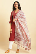 W for Woman Ecru and Maroon Printed Kota Dupatta | Grocsy