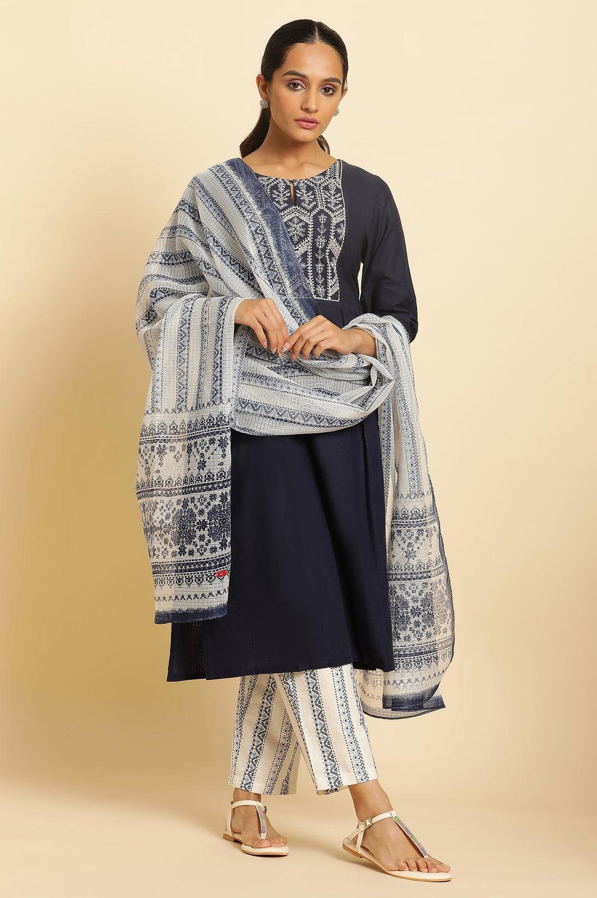 W for Woman White And Blue Kota Printed Dupatta | Grocsy