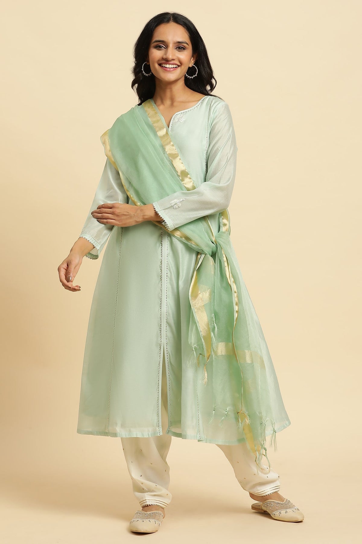 W for Woman Bright Green Organza Dupatta | Grocsy
