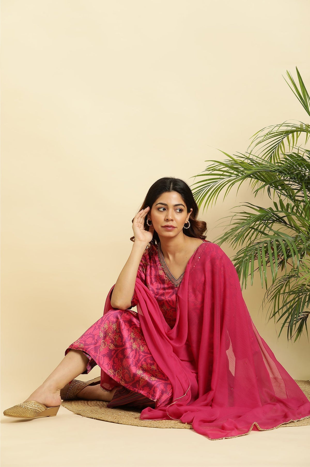 W for Woman Dark Pink Chiffon Dupatta With Gota Border | Grocsy