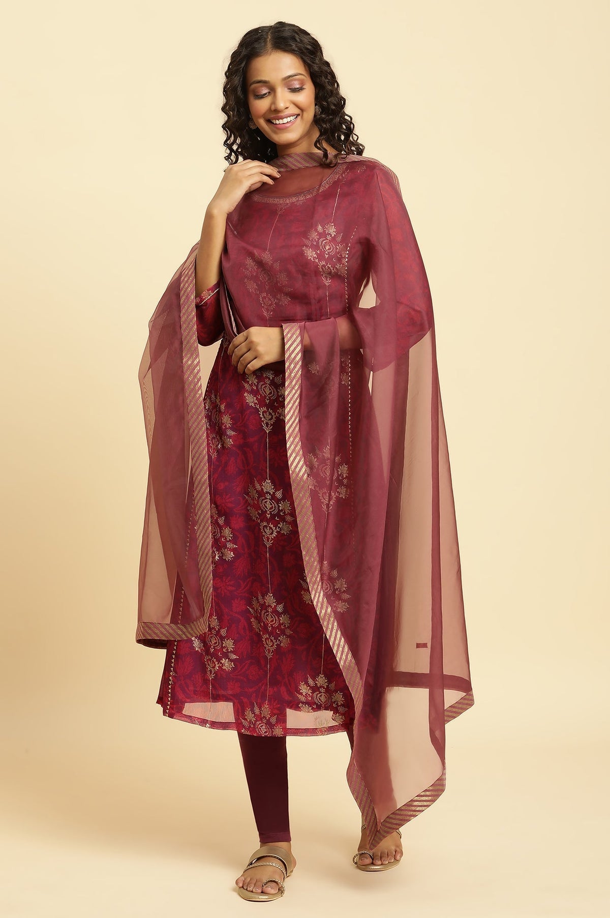 W for Woman Purple Organza Dupatta With Printed Border | Grocsy
