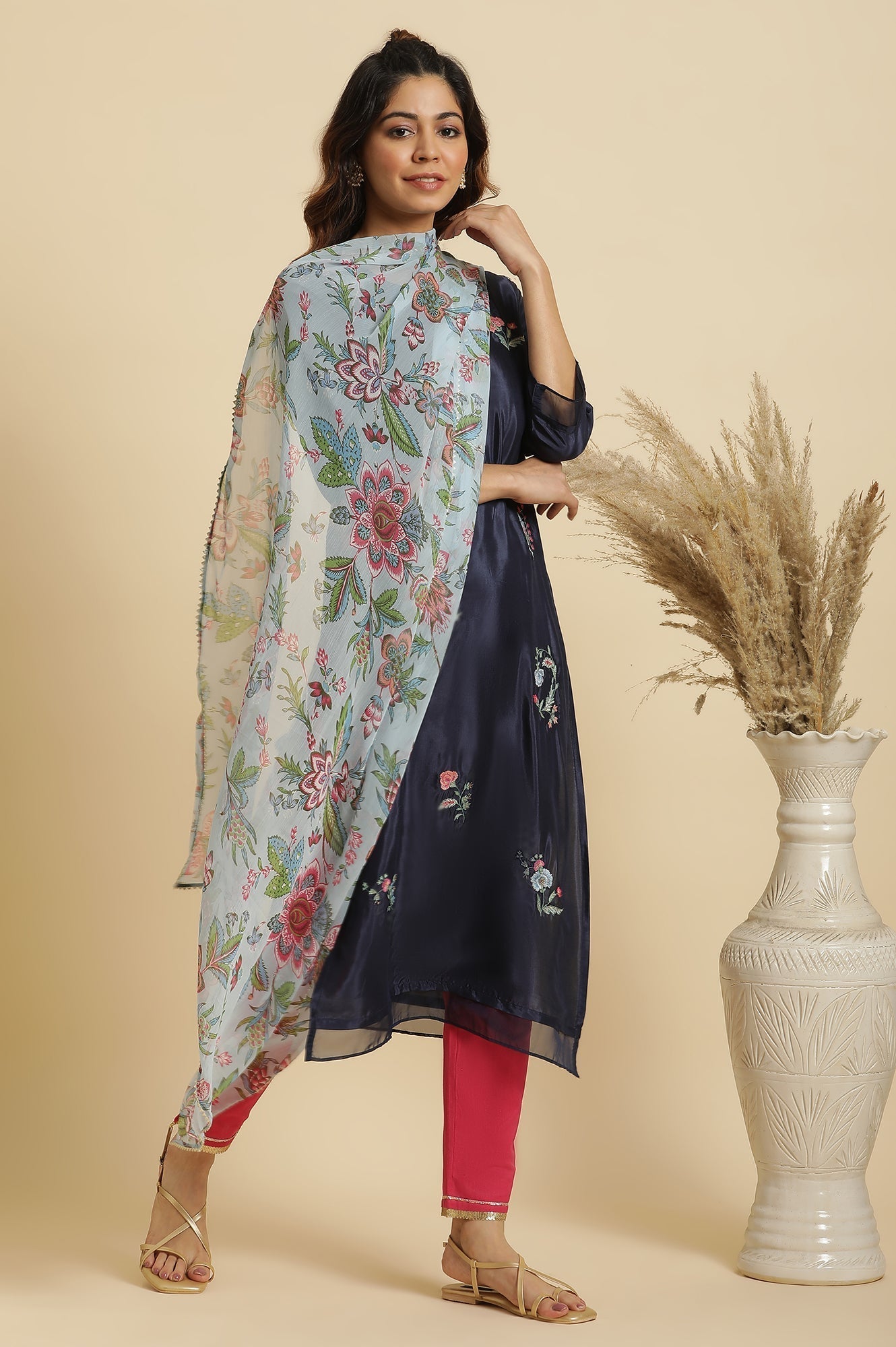 W for Woman Blue Floral Printed Chiffon Dupatta | Grocsy