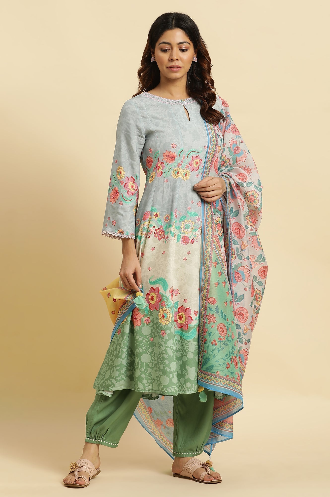 W for Woman Multi-Coloured Printed Chanderi Dupatta With Tassels | Grocsy