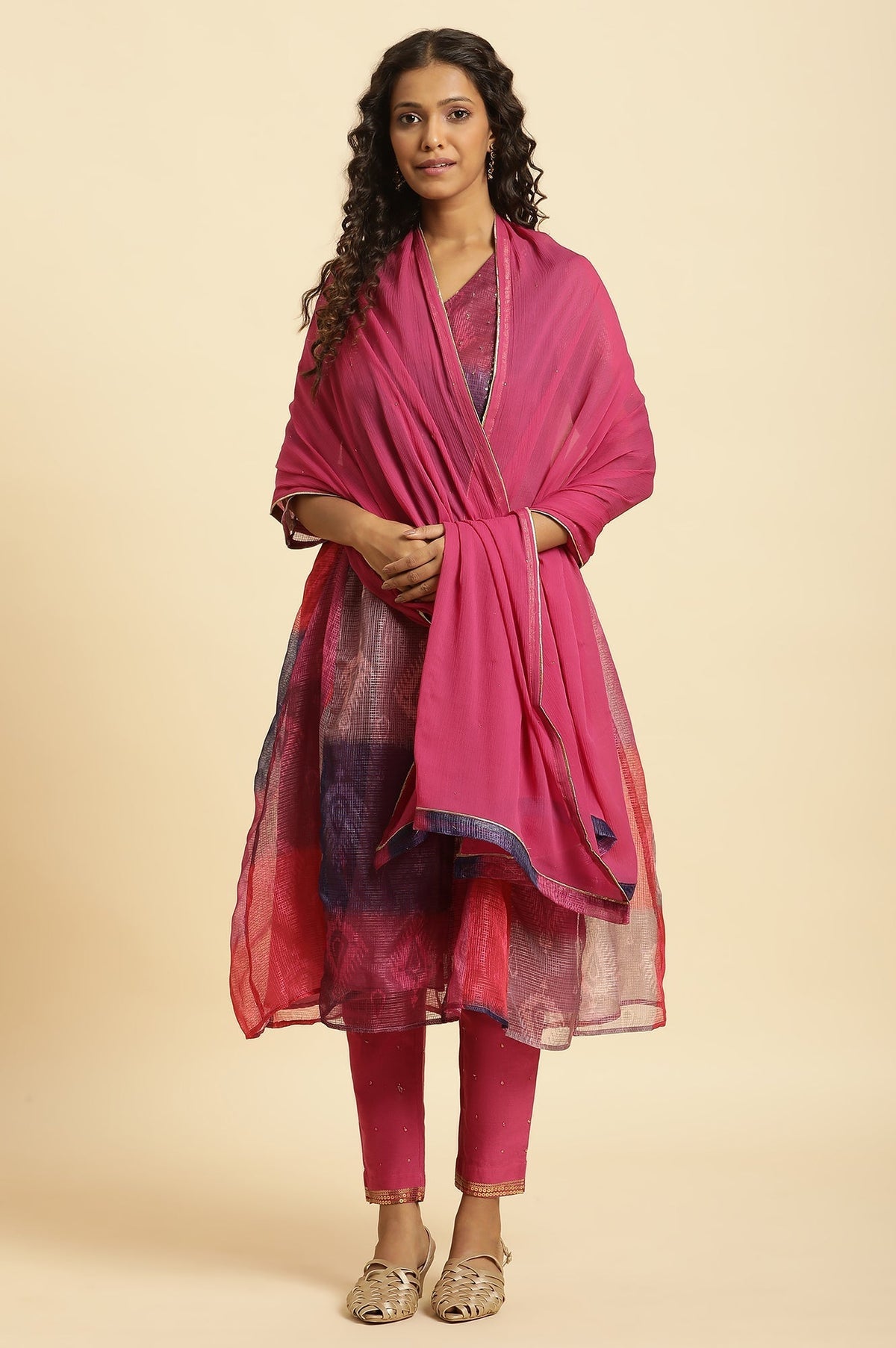 W for Woman Pink Chiffon Dupatta With Golden Mukaish Highlight | Grocsy