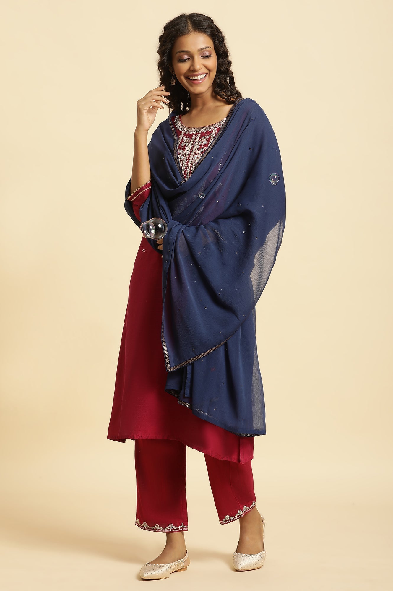 W for Woman Blue Chiffon Mukaish Dupatta | Grocsy