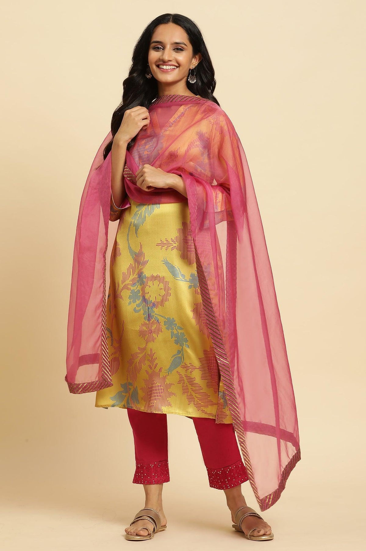 W for Woman Pink Organza Dupatta With Zari Border | Grocsy