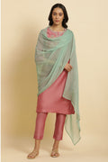 W for Woman Aqua Green Gold Mukaish Chiffon Dupatta | Grocsy