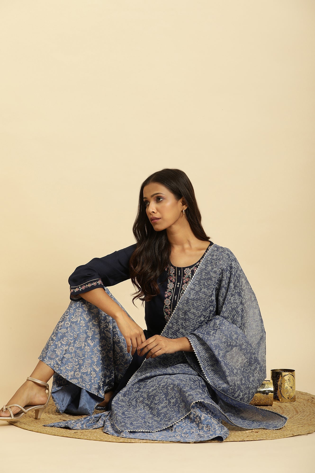 W for Woman Blue Printed Kota Dupatta | Grocsy