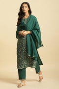 W for Woman Green Mukesh Chiffon Dupatta with Prince Lace Border | Grocsy