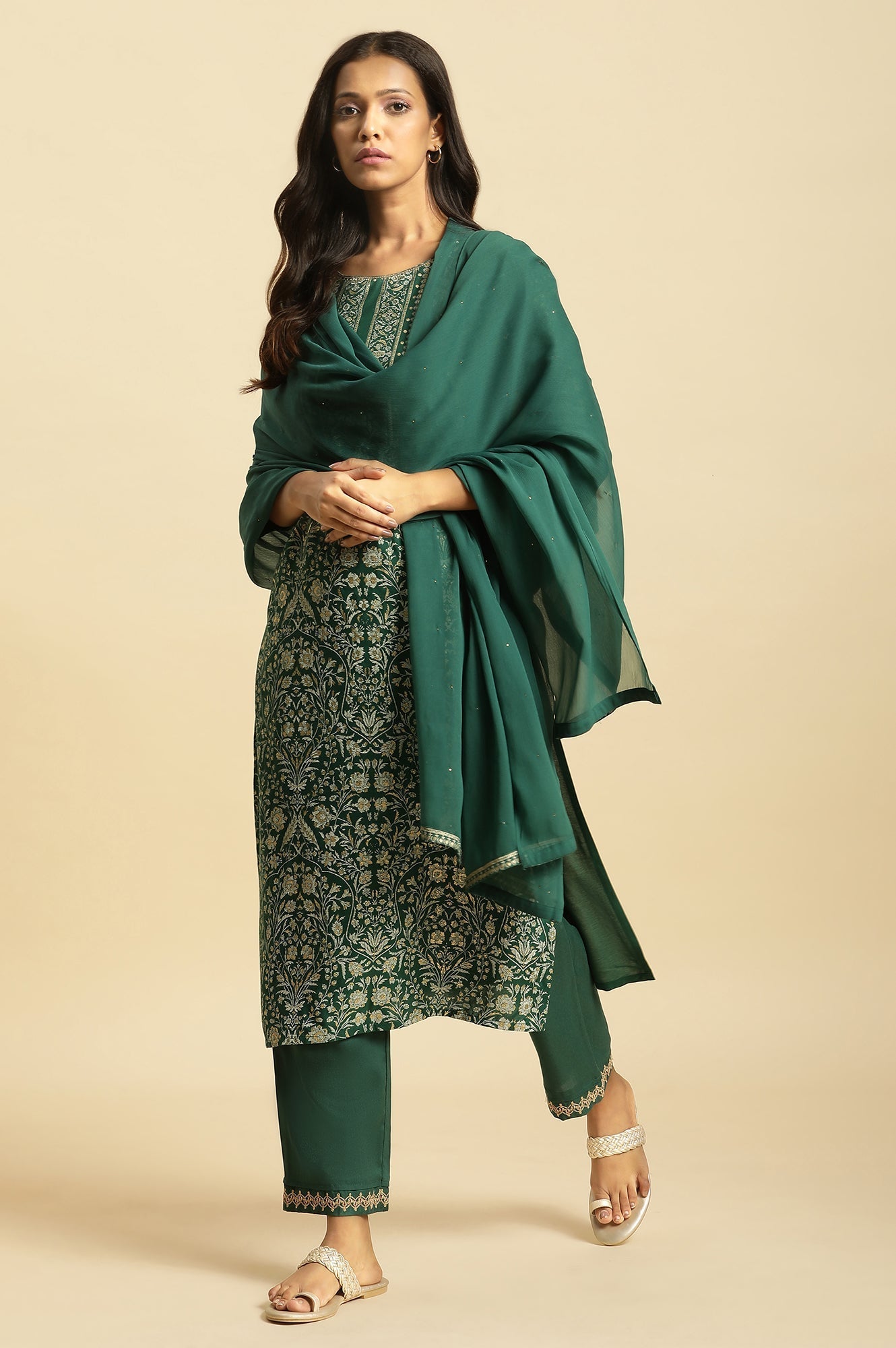 W for Woman Green Mukesh Chiffon Dupatta with Prince Lace Border | Grocsy