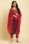 W for Woman Maroon Chiffon Embellished Festive Dupatta | Grocsy