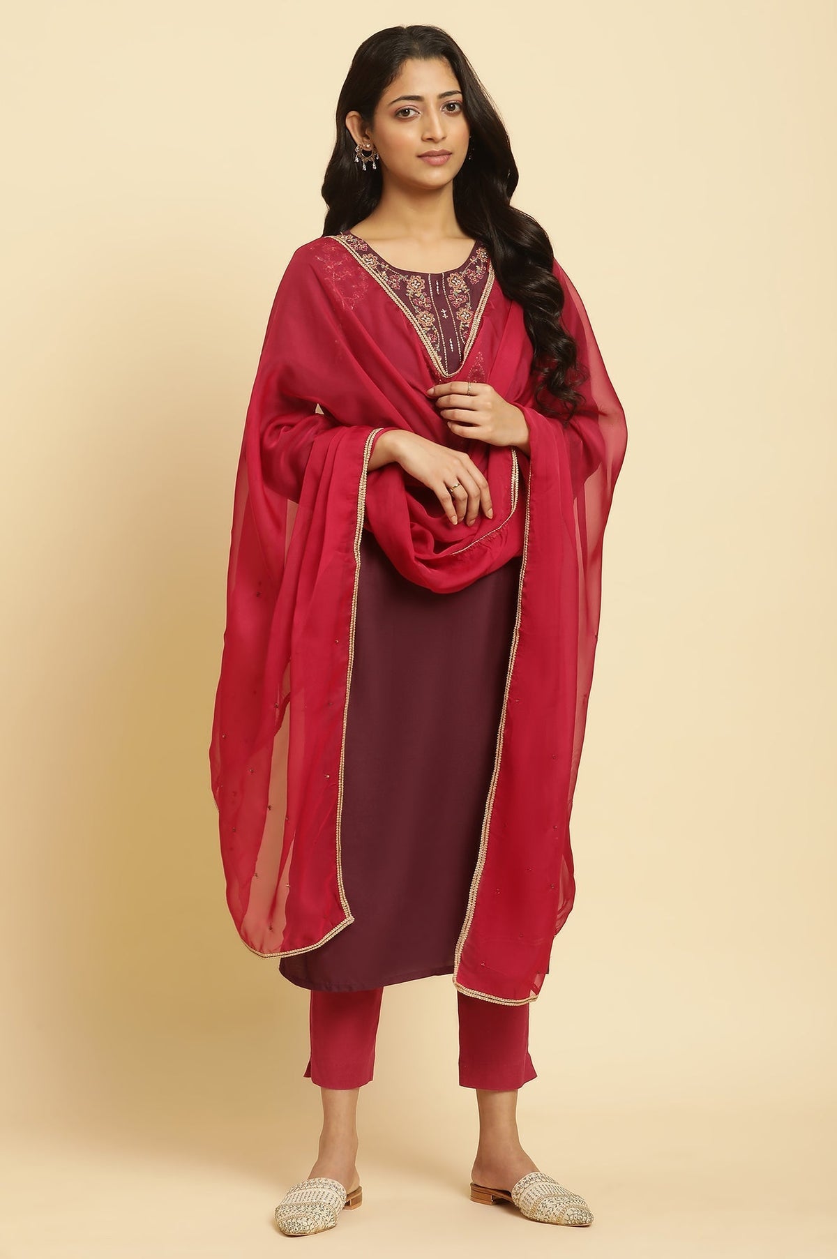 W for Woman Maroon Chiffon Embellished Festive Dupatta | Grocsy