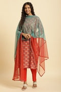 W for Woman Orange and Teal Half-and-Half Net Dupatta | Grocsy
