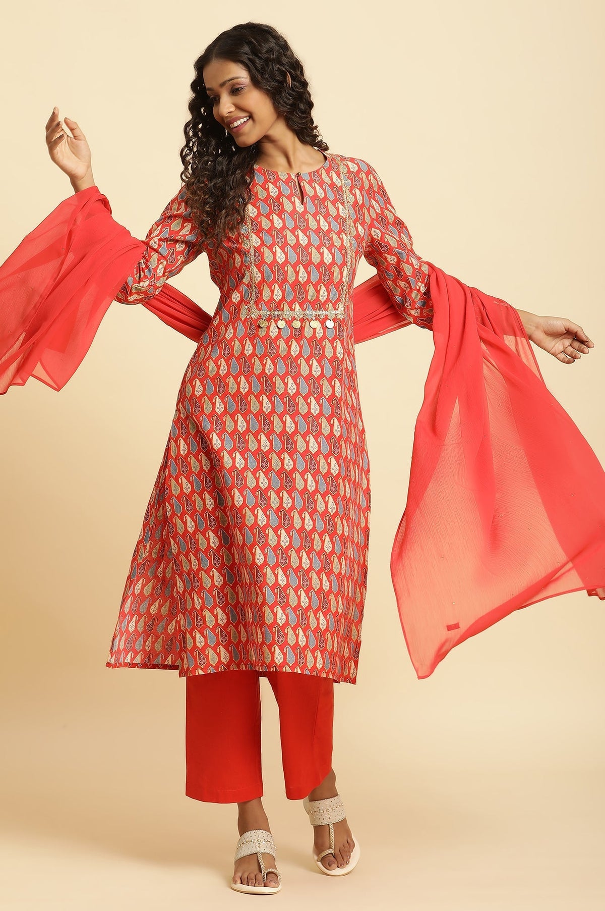 W for Woman Red Chiffon Dupatta With Mukaish Detail | Grocsy