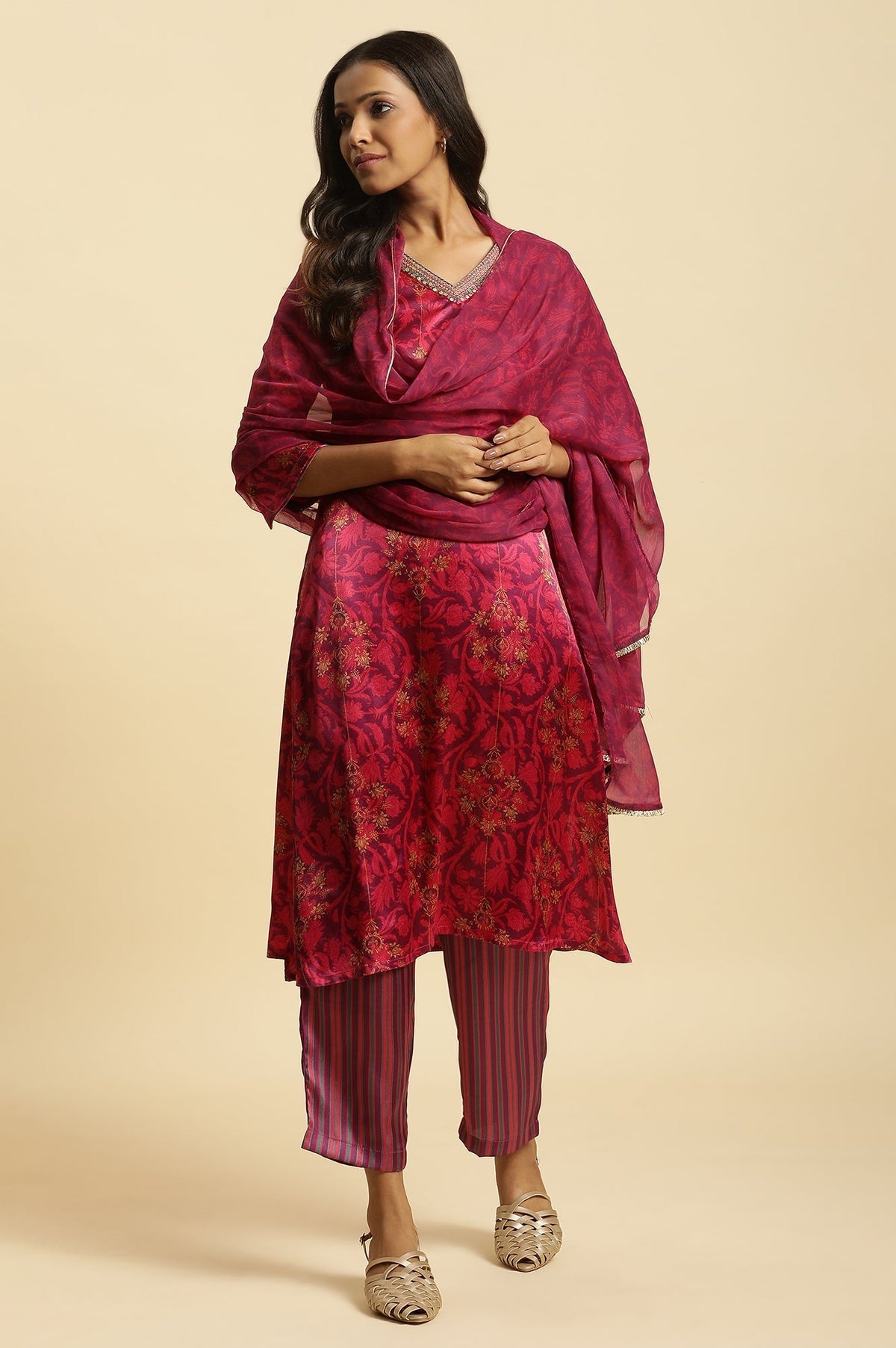 W for Woman Purple Chiffon Floral Printed Dupatta | Grocsy