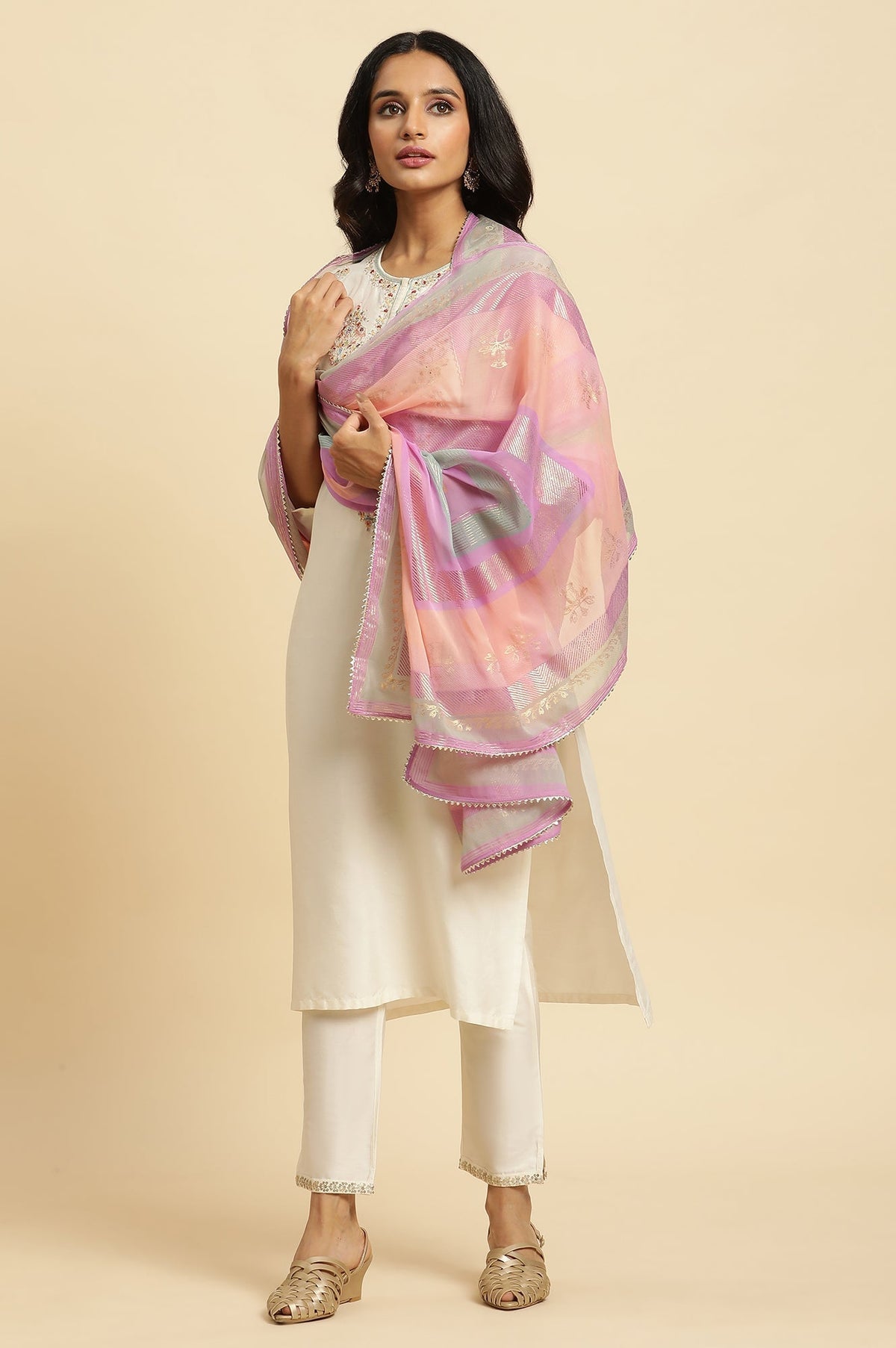 W for Woman Lilac Floral Printed Chiffon Dupatta | Grocsy