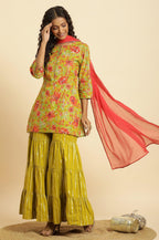 W for Woman Green Floral Printed Short Kurta, Sharara And Dupatta Set | Grocsy