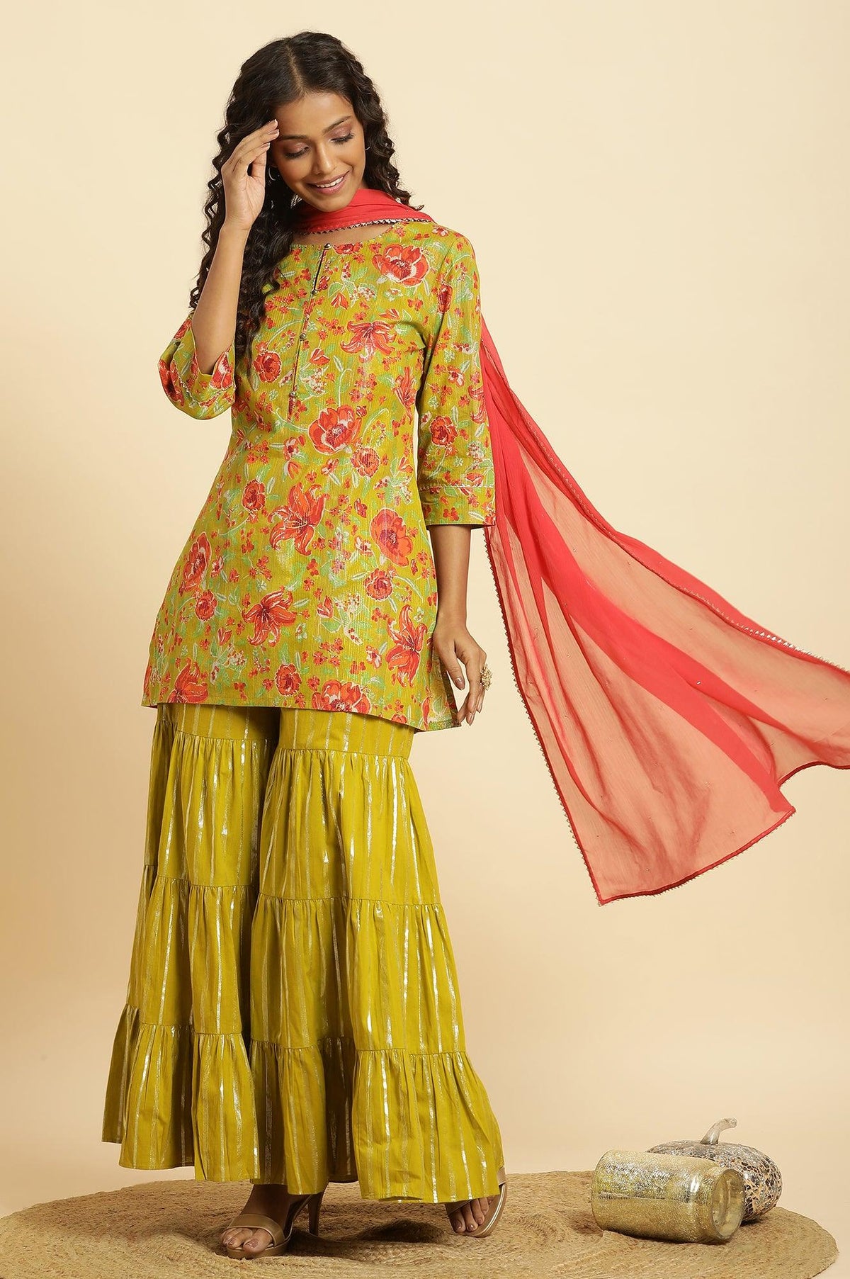 W for Woman Green Floral Printed Short Kurta, Sharara And Dupatta Set | Grocsy