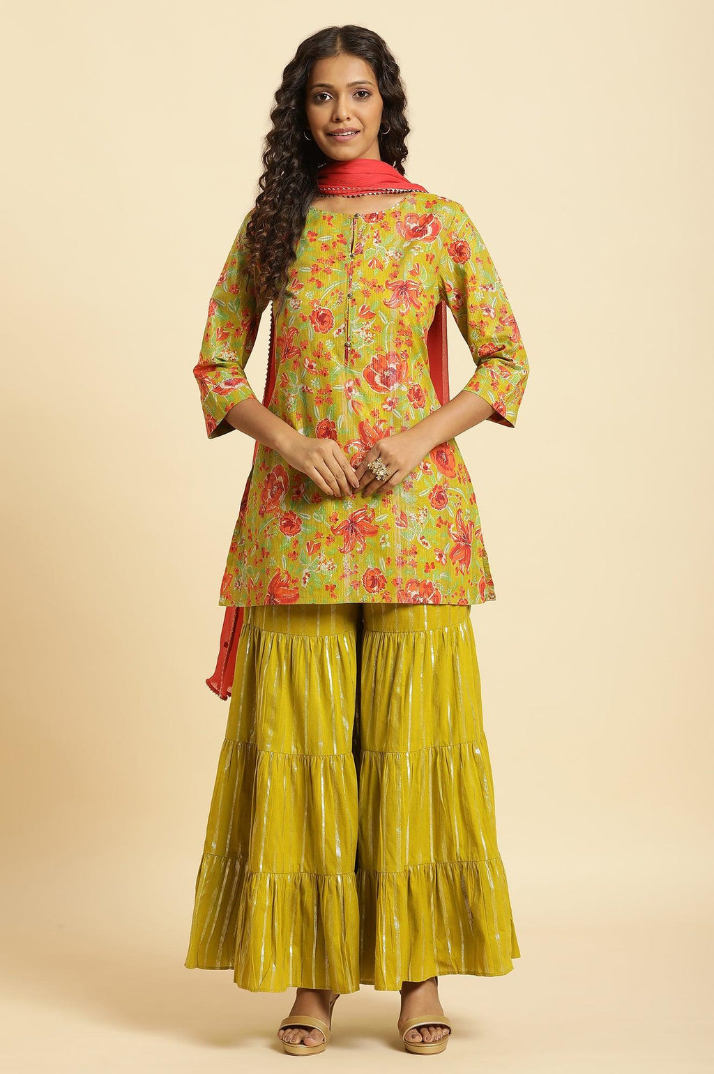 W for Woman Green Floral Printed Short Kurta, Sharara And Dupatta Set | Grocsy