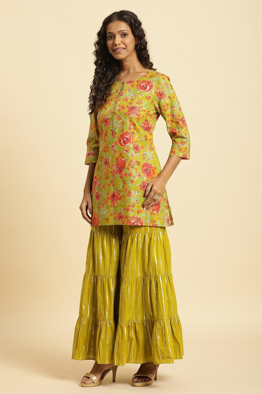 W for Woman Green Floral Printed Short Kurta, Sharara And Dupatta Set | Grocsy